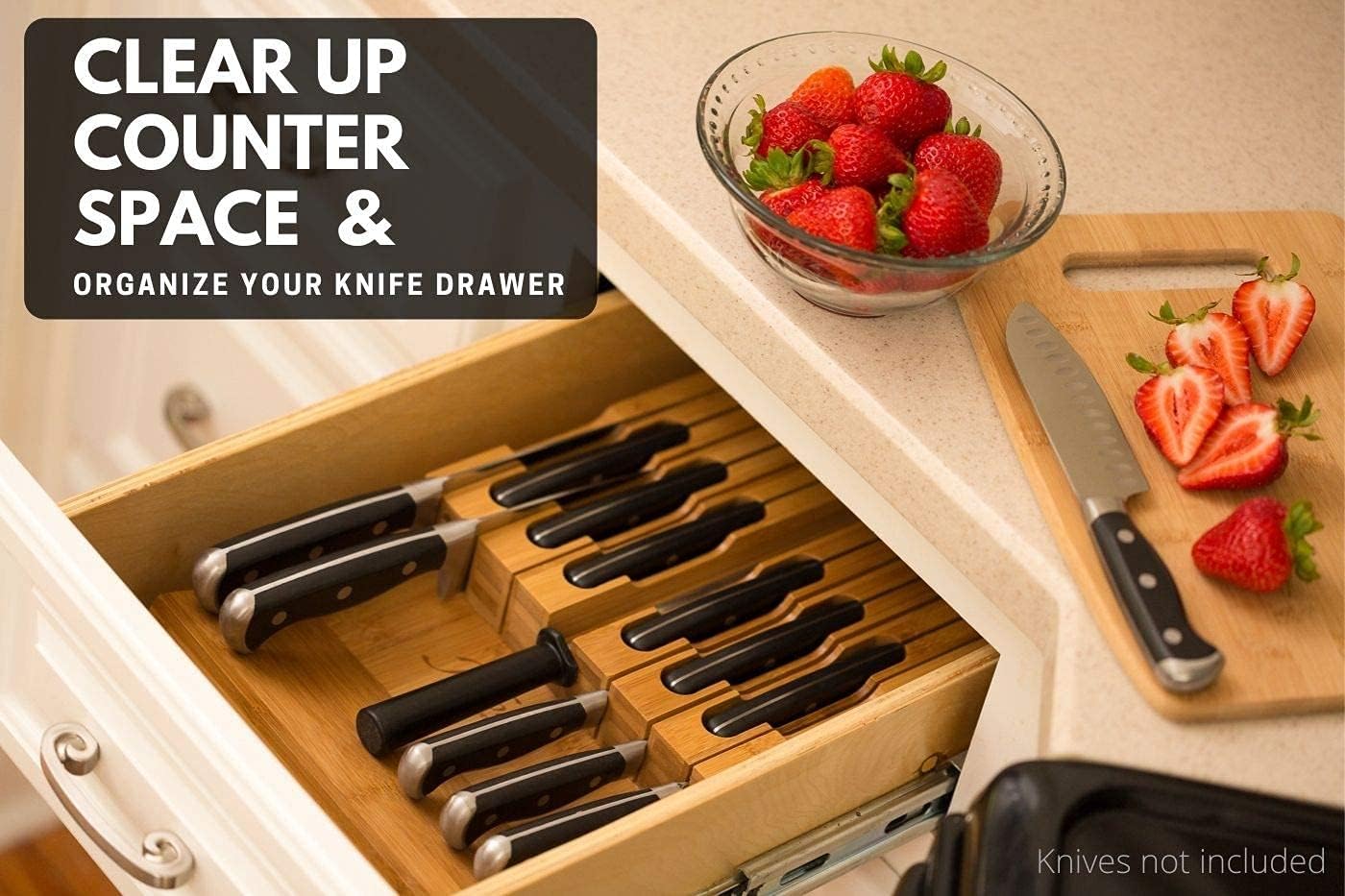 In-Drawer Bamboo Knife Block Holds 12 Knives (Not Included) Without Pointing Up PLUS a Slot for your Knife Sharpener! Noble home & chef Knife Organizer Made from Quality Moso Bamboo