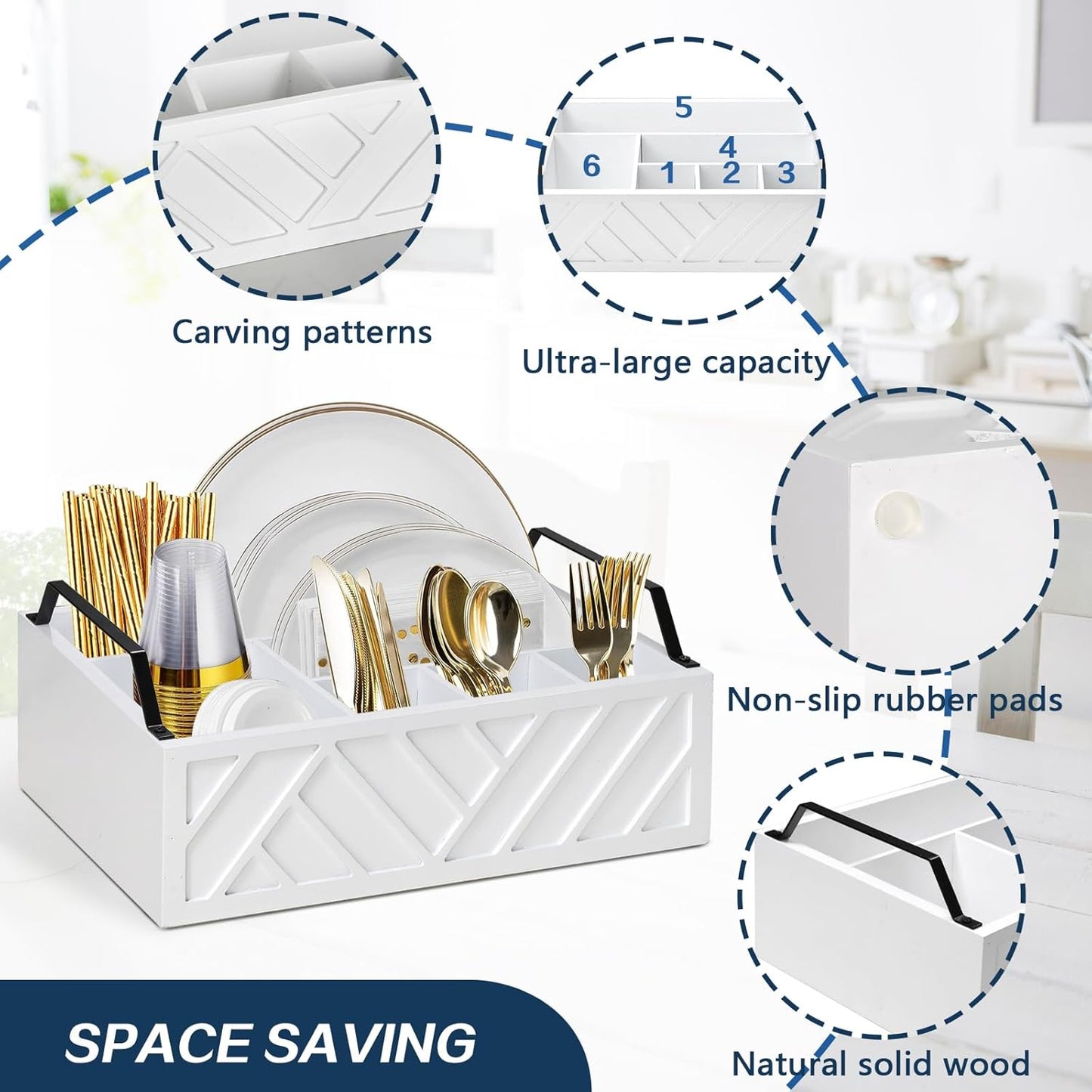 Ukonvi Paper Plate Dispenser, Paper Plate Holder for Kitchen Counter, Wood Rustic Silverware Utensil Caddy, Cutlery Flatware Organizer Box for Cups Spoons Forks Plates Napkins, Kitchen Accessories