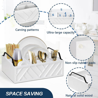 Ukonvi Paper Plate Dispenser, Paper Plate Holder for Kitchen Counter, Wood Rustic Silverware Utensil Caddy, Cutlery Flatware Organizer Box for Cups Spoons Forks Plates Napkins, Kitchen Accessories