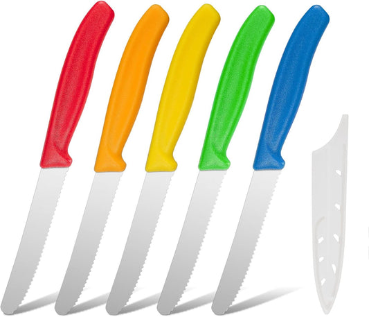 5 Pack Tomato Knife,Small Bread Knife with Cover from Stainless Steel,Serrated Knives for Smooth Cutting Tomatoes,Steak,Vegetables,Fruits