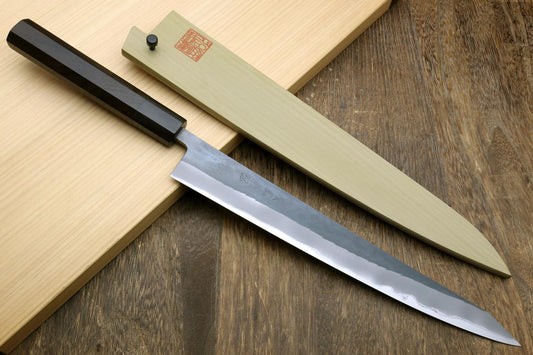 Yoshihiro Kurouchi Black-Forged Blue Steel Stainless Clad Sujihiki Kiritsuke Slicer Knife Ebony Handle (9.5"(240mm) & Saya Cover)
