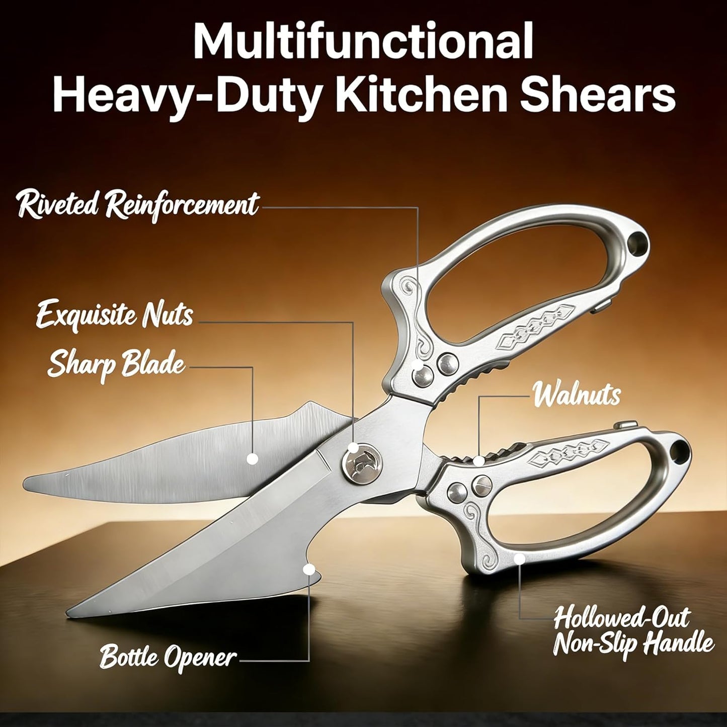 Multifunctional Heavy-Duty Kitchen Shears, Japanese Stainless Steel Kitchen Scissors, Ultra Sharp Poultry Shears for Chicken, Meat, Vegetables, Nut Cracker Opener (Silver)