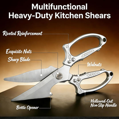 Multifunctional Heavy-Duty Kitchen Shears, Japanese Stainless Steel Kitchen Scissors, Ultra Sharp Poultry Shears for Chicken, Meat, Vegetables, Nut Cracker Opener (Silver)