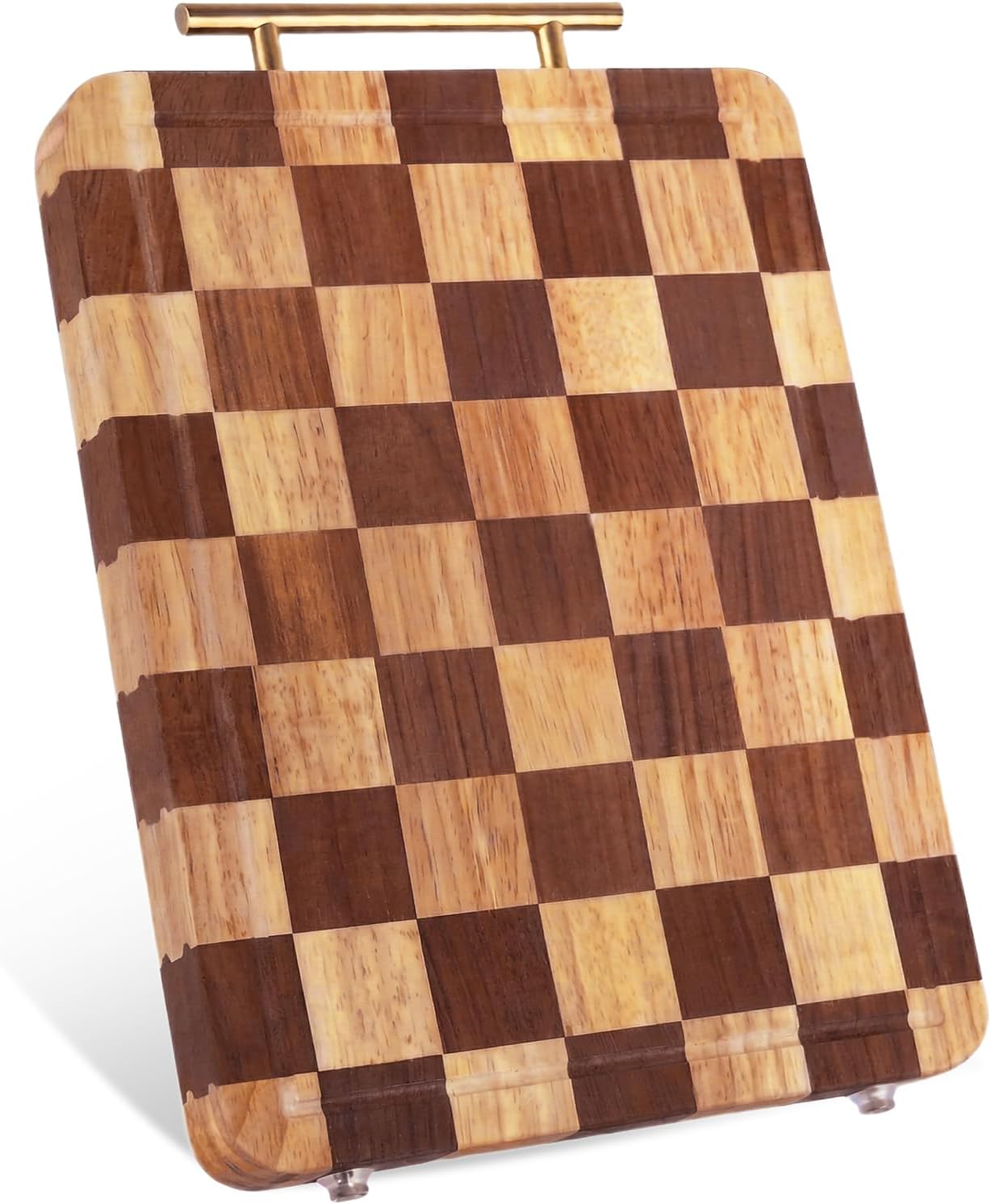 Checkered Cutting Board for Kitchen – 14.9"x 11"x 1.18" Rubber Wood Butcher Block with Juice Groove & Steel Handle, Heavy Duty Non-Slip Chopping Board for Charcuterie, Housewarming Gift