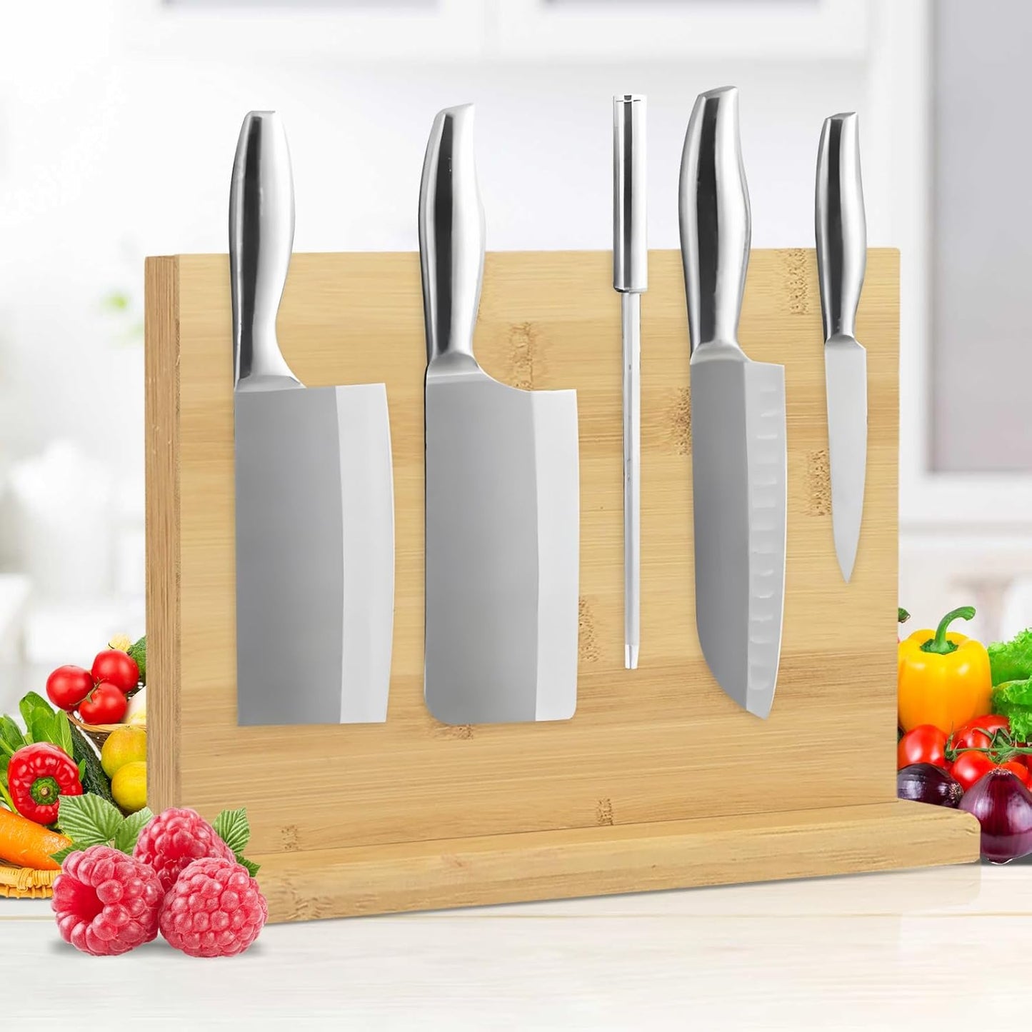 Double Sided Magnetic Knife Stand with sharpener,Kitchen Storage with Strong Magnets for Knives & Utensils,Modern Wooden Knife Block for Kitchen Countertops, Without Knives,14"x10"
