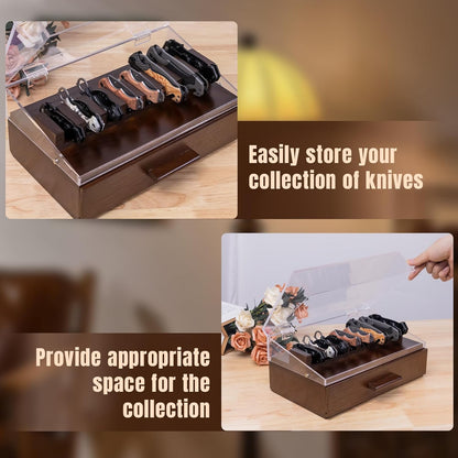 Knife Display Case,Pocket Knife Collection Display Holder,Premium 2-Layer Wooden Case with Acrylic Window Top & Drawer,Handcrafted Storage Box Perfect for Collection