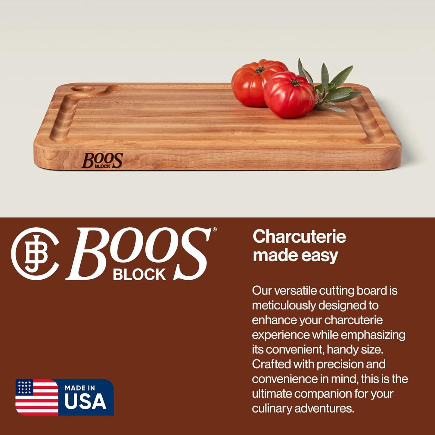 John Boos Prestige Series Rectangular Wooden Maple Cutting Board 18”x12” – 1.25” Thick, 8-lb Reversible Butcher Block with Juice Groove, Edge-Grain & Finger Grip Hole – Made in the USA