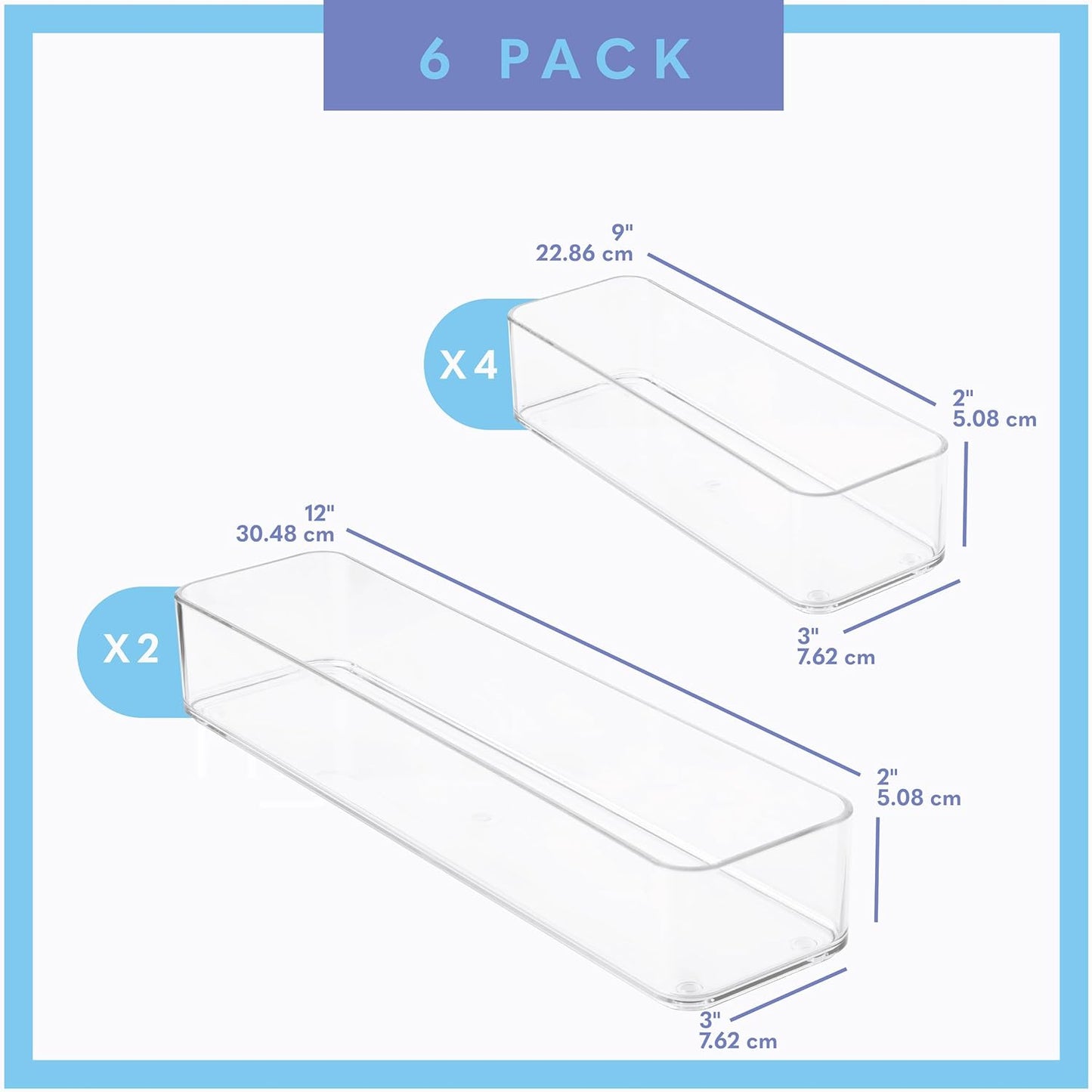primebox Six Pcs. Plastic Clear Drawer Organizers. Stackable Storage Trays for Kitchen Utensils and Silverware. 2 Sizes. Stackable