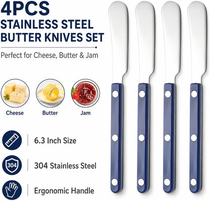 4PCS Stainless Steel Butter Knives Set: 6.3 Inch Cheese Spreader 304 Stainless Steel with Ergonomic Handle for Cheese, Butter & Jam (green)