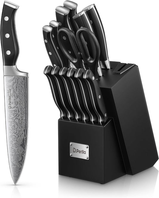 Knife Set, D.Perlla 15 Pieces Kitchen Knife Set with Built-in Sharpener, High Carbon Stainless Steel Knife Block Set with Unique Waved Pattern, Triple Riveted Ergonomic Handle, Black