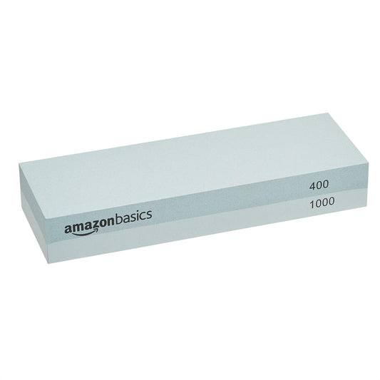 Amazon Basics Whetstone Knife Sharpening Stone, Double-Sided 1000/6000 Grit with Angle Guide, Non-Slip Bamboo Base, Black & Grey