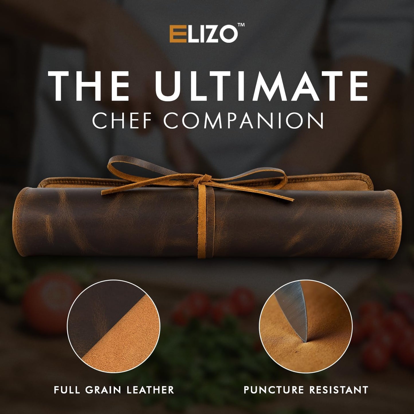 ELIZO Leather Knife Roll Bag Professional Chef Knife Case, Durable Knife Sheath Holder, Cooks & Culinary Tools Carrying Storage, Portable Knife Wrap - 4 Slots