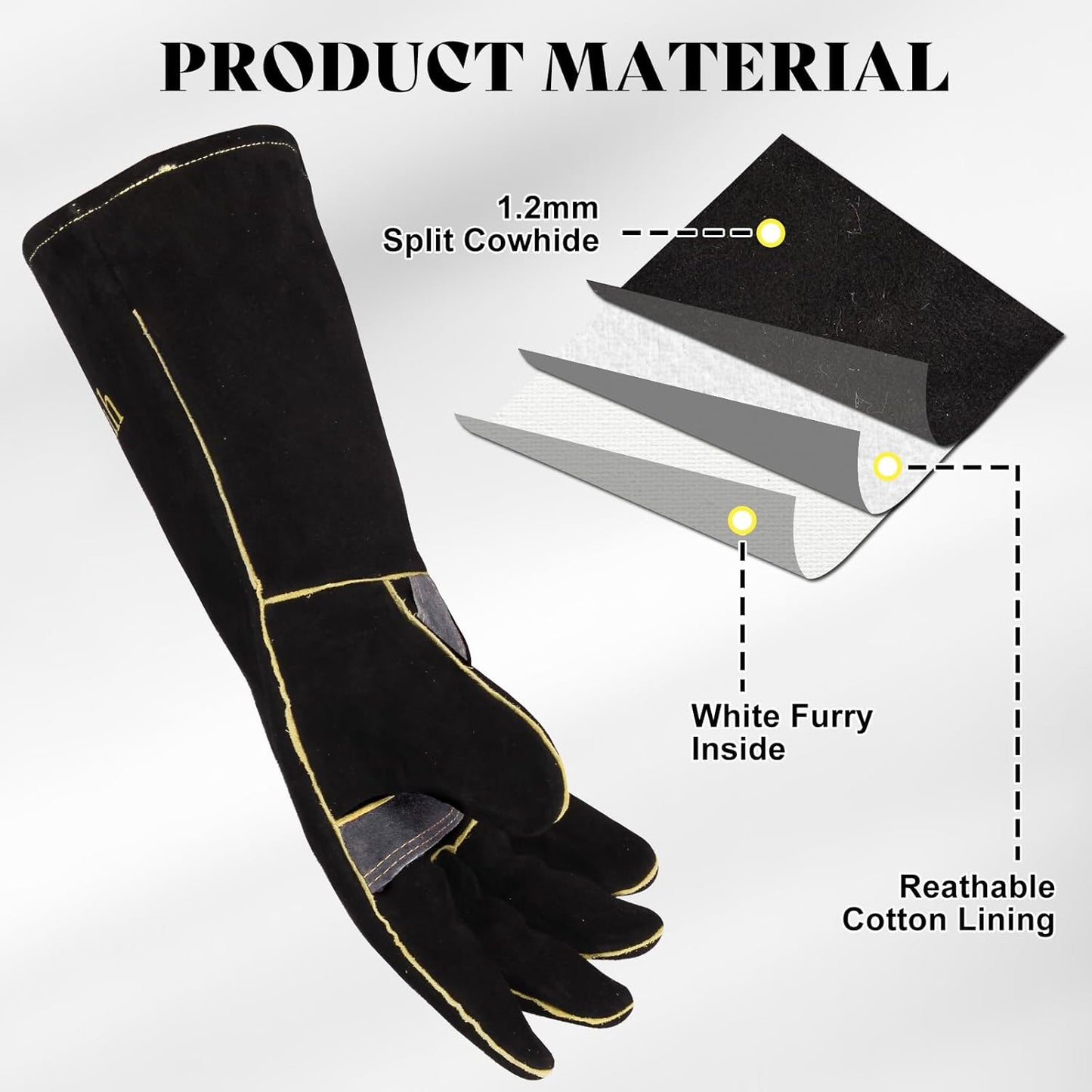 16" Leather Forge Welding Gloves, 932℉ Heat/Fire Resistant, Multi-Use Mitts for TIG/MIG Welding, BBQ, Oven, Baking, Furnace, Beekeeping, Animal Handling & Stove Safety，Ambidextrous