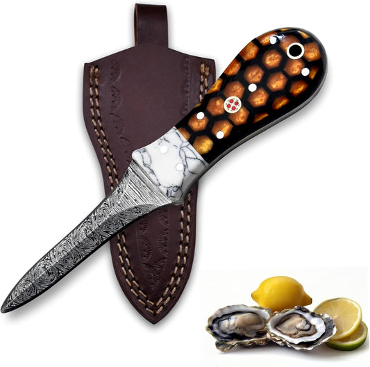 Premium Oyster Shucker Knife, Oyster Knife, Damascus Steel Clam, Camel Bone & Walnut Handle Leather Sheath Seafood Opener Kit Tool Non Slip Handle (Walnut Handle)