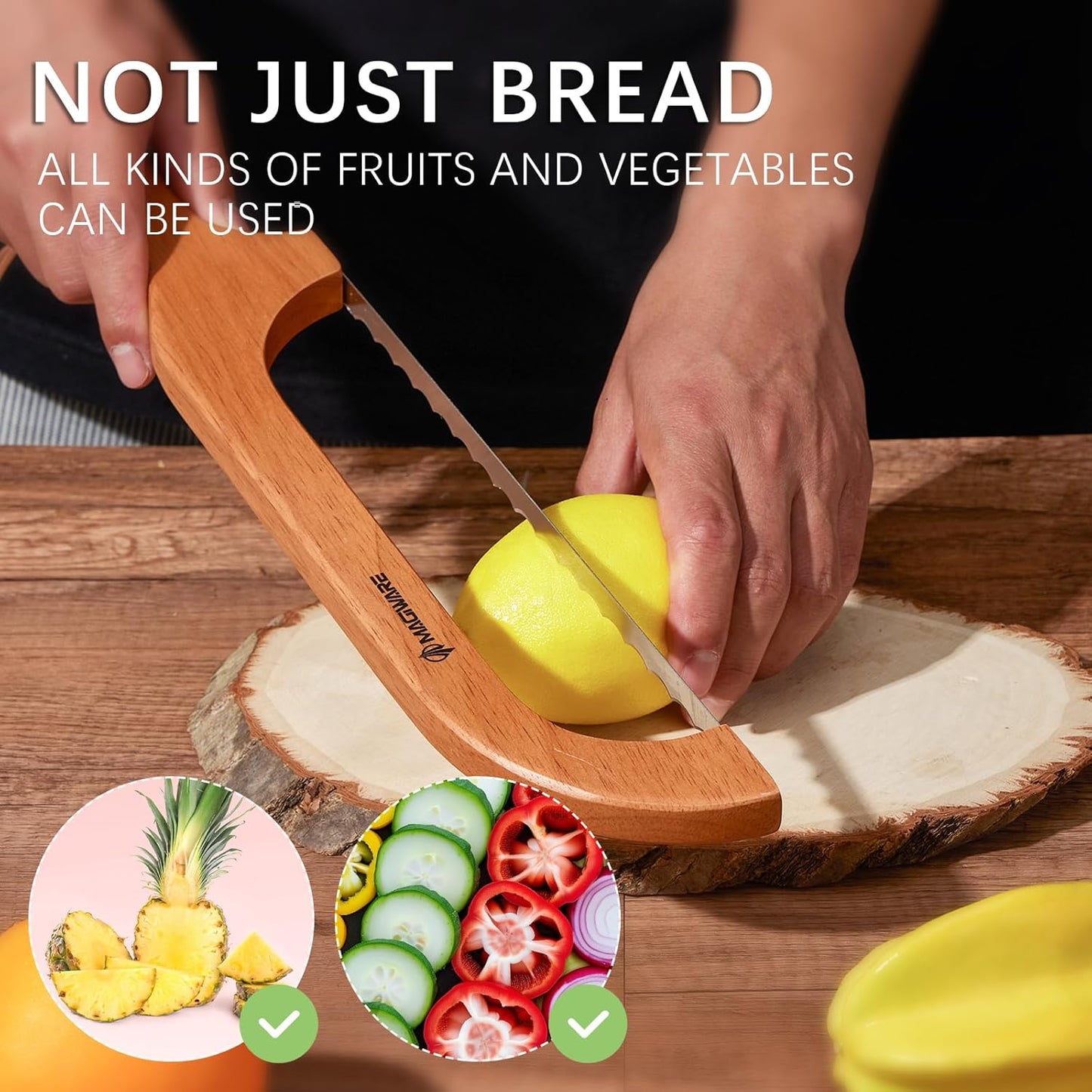 Magiware Bread Slicer Knife for Homemade Bread, Wooden Sourdough Bread Knife Cutter for Slicing, Serrated Bread Bow Knife Bread Saw Tool, Kitchen Baking Supplies (Acacia)