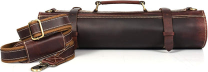 Tolredo Top Grain Buffalo Leather Chef Knife Roll Case 10 Slot and 1 Zipper Pocket for Culinary Storage Portable Bag with Detachable Shoulder Strap (Walnut, 29.5" X 20")