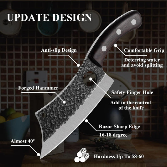 DRAGON RIOT Professional Butcher Knife Set for Meat Processing, 3Pcs High Carbon Steel Hand Forged Serbian Cleaver Chef Knife Set with Ergonomic Handles for Kitchen Outdoor Cooking