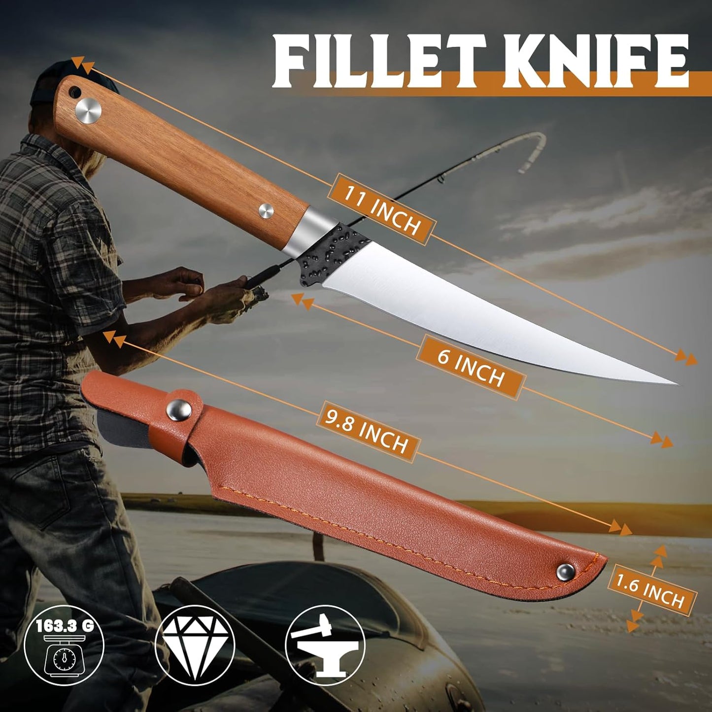 Huusk 9 inch Fillet Knife - Sharp Japanese Fillet Knife for Fish - Professional Flexible Boning Knives for Meat Cutting Trimming - Gift for Men and Women