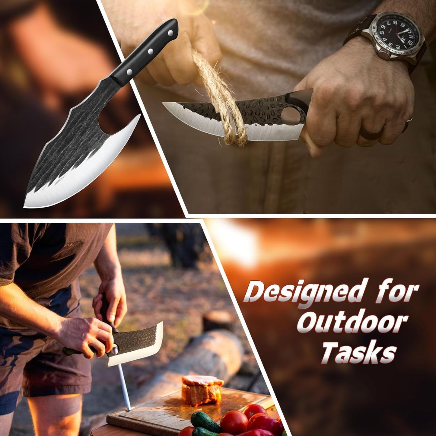 Huusk Chef Knife - Upgraded Viking Hand Forged Meat Cleaver With Sheath - Japanese Butcher Curved Boning Knife for Cutting, Cooking, Kitchen, Outdoor Camping, and BBQ, Gifts for Men Women