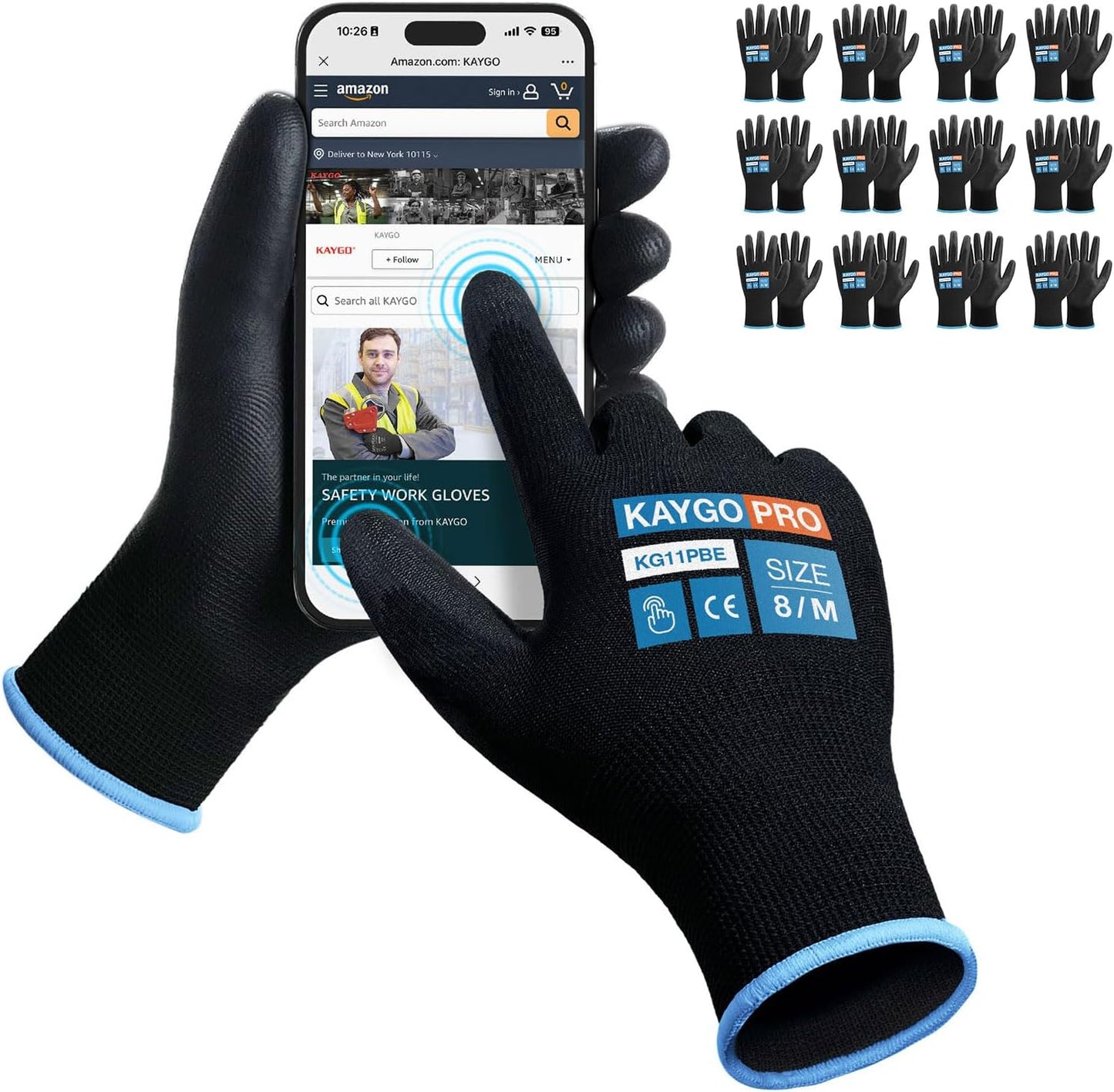 KAYGO Work Gloves for Men and Women,12 Pairs Seamless Knit PU Coated Safety Gloves, with Smooth Grip on Palm and Fingers, Ideal for Light Warehouse, Manufacturing, Gardening, KG11P (M, Black)