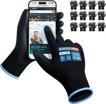 KAYGO Work Gloves for Men and Women,12 Pairs Seamless Knit PU Coated Safety Gloves, with Smooth Grip on Palm and Fingers, Ideal for Light Warehouse, Manufacturing, Gardening, KG11P (M, Black)