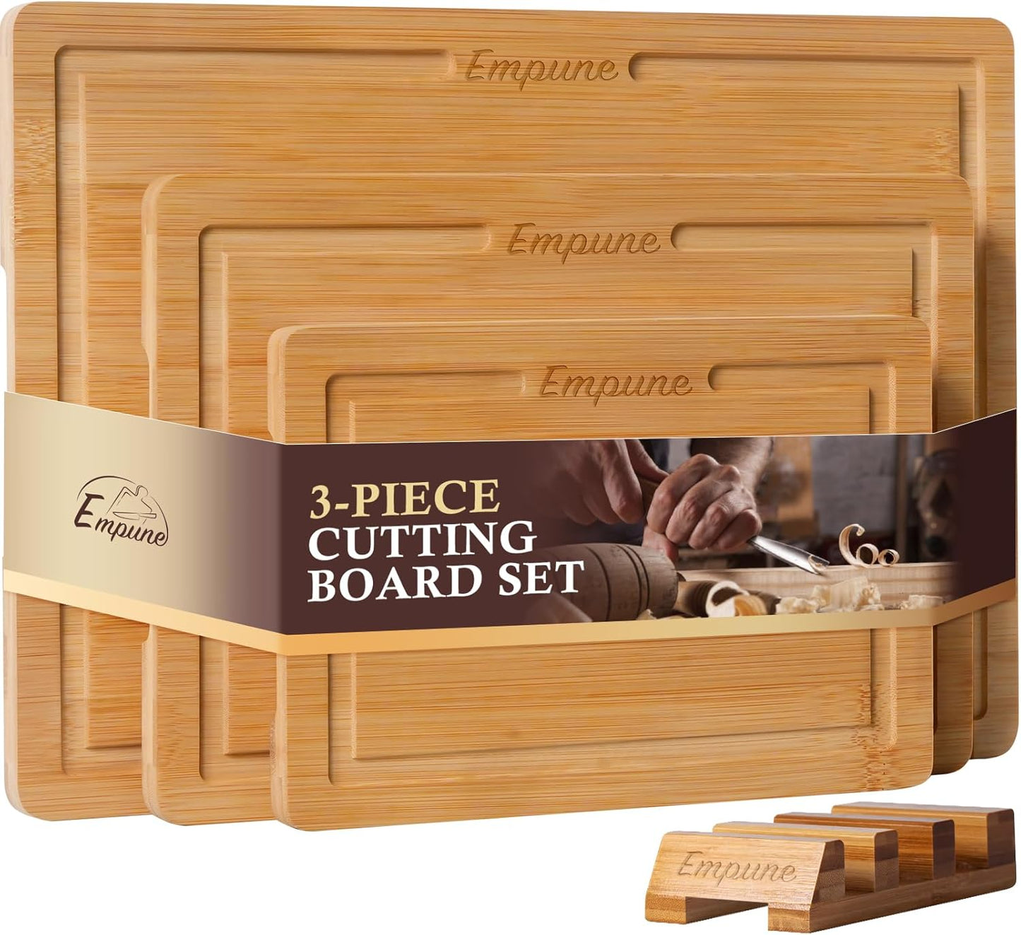 Empune Bamboo Cutting Boards for Kitchen, 3 Piece Extra Thick Cutting Board Set with Juice Groove, Deep Carbonized Bamboo Chopping Board, Reversible Wood Cutting Board for charcuterie boards, Brown