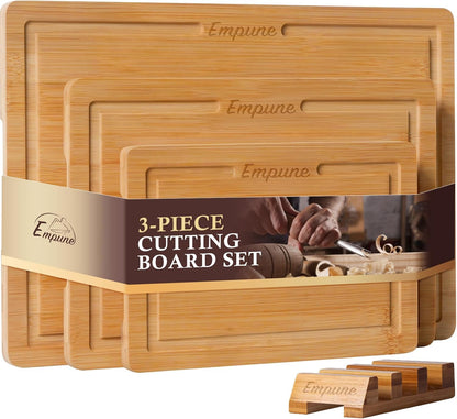 Empune Bamboo Cutting Boards for Kitchen, 3 Piece Extra Thick Cutting Board Set with Juice Groove, Deep Carbonized Bamboo Chopping Board, Reversible Wood Cutting Board for charcuterie boards, Brown