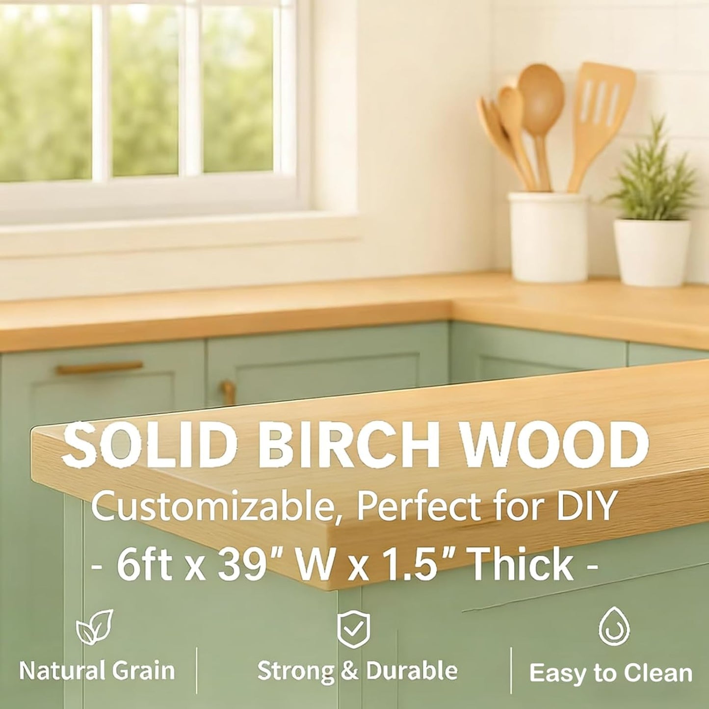 18"x25" Butcher Block Countertop Island, 1.5FT Unfinished Solid Birch Wood DIY Countertop, Durable Counter Table Tops for Kitchen Bar, Workshop, Laundry Counters Dining Room Tables 1.5"Thick