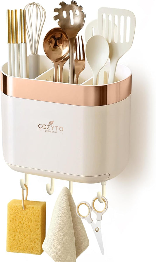 COZYTO LuxTray U1-Pro Wall Mounted Utensil Holder – Kitchen Organizer with Hooks, Dividers & Drain Tray, No-Drill Adhesive Wall Mount Storage, BPA-Free (Cream White & Shiny Silver)