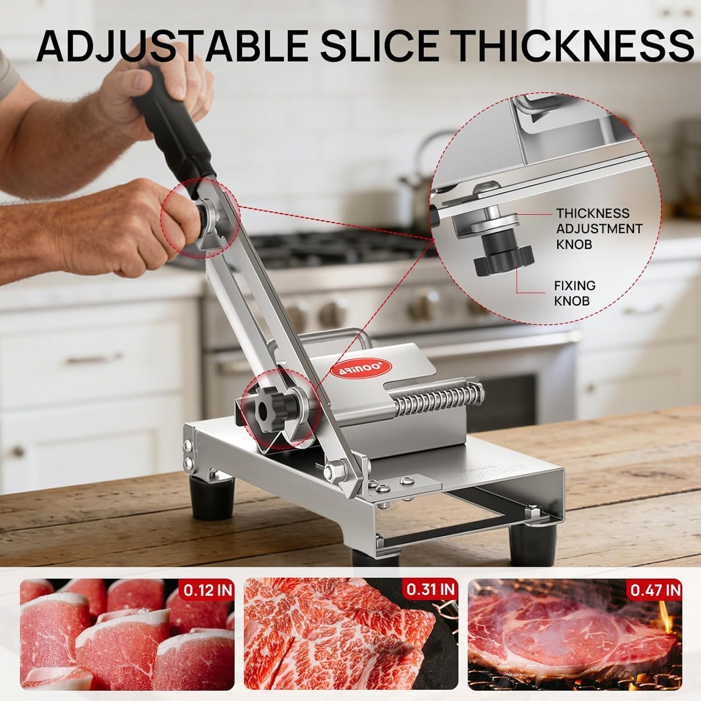 Manual Frozen Meat Slicer,Stainless Steel Meat Cutter Beef Mutton Roll Bacon Sausage and Cheese Slicing Machine for Home Cooking,Food slicer BBQ,Salad,and Sandwich slicing easy to use