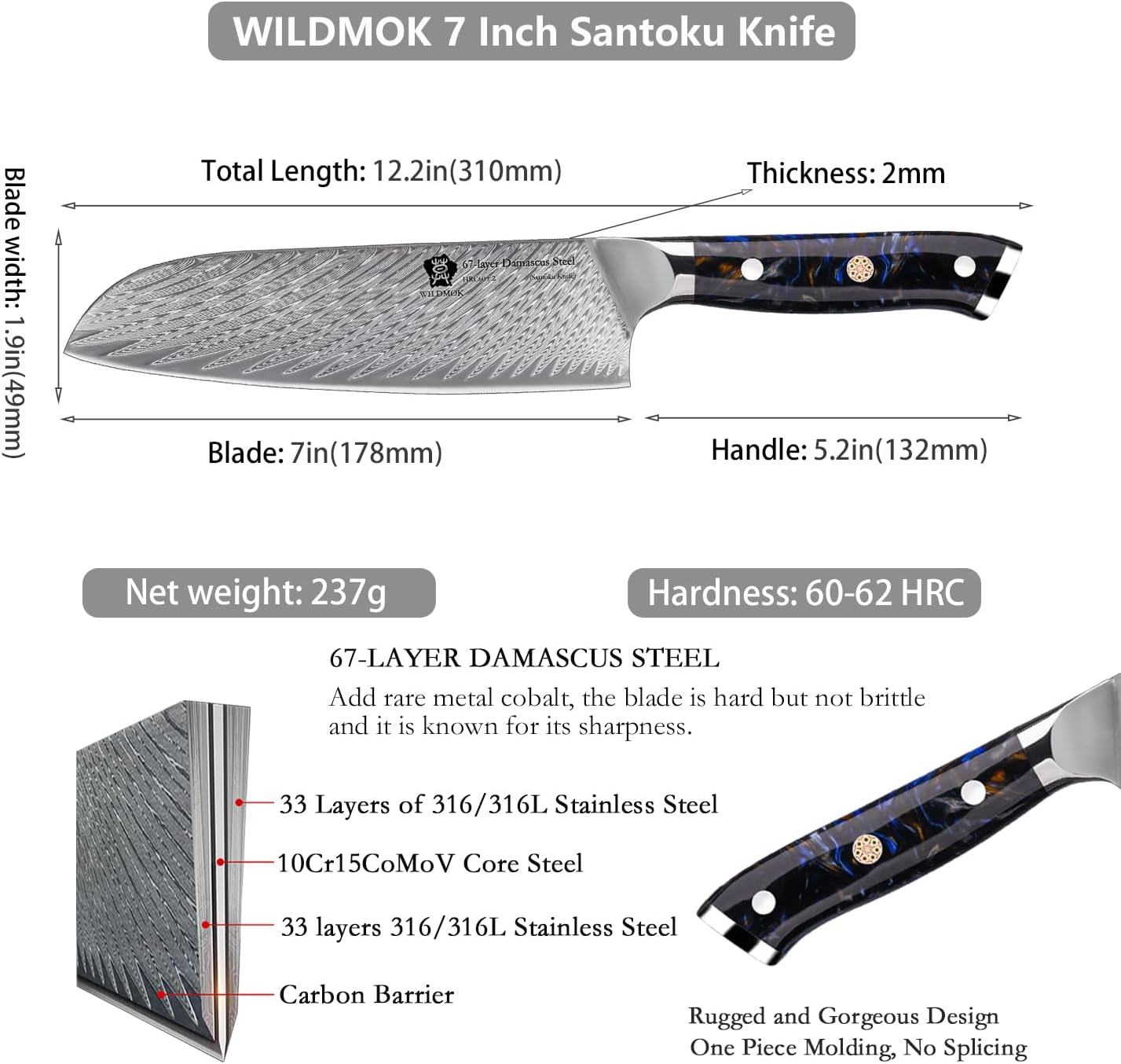 WILDMOK Santoku Knife 7 Inch kitchen knife, Ultra Sharp with Japanese Damascus Forged Santoku Knife, Ergonomic Resin Handle, cooking gifts with gift box