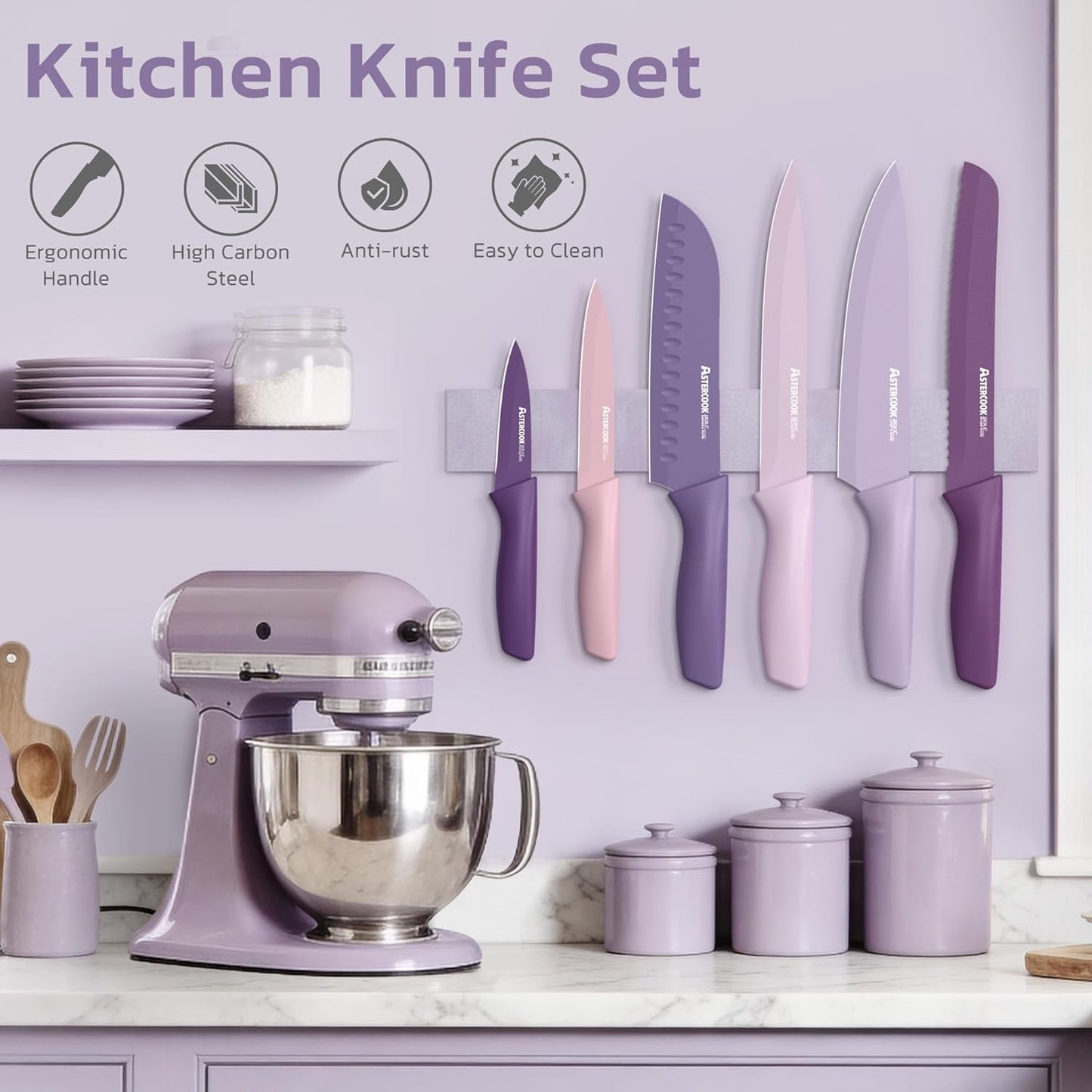 Astercook Knife Set, 13 Pieces Kitchen Knives Set with Healthy Anti-Rust Coating, Dishwasher Safe, Stainless Steel Chef Knife Sets with 6 Blade Guards, Perfect Holiday Gifts for Kitchen Morandi