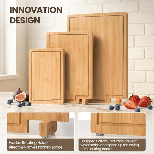 Kikcoin Bamboo Cutting Boards for Kitchen, Extra Large Wood Cutting Board with Rotating Kickstand & Juice Groove, Wooden Chopping Board for Meats Veges Fruits, Heavy Duty Serving Tray, 17 x 11.3 inch