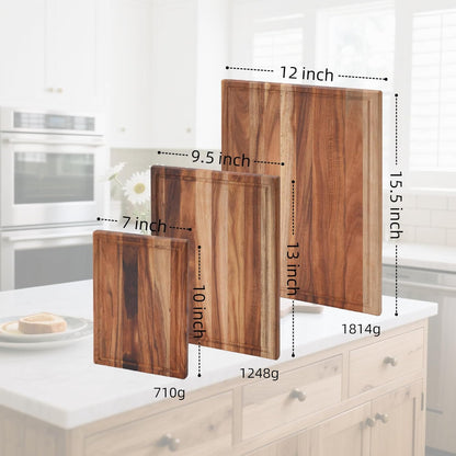 Non Toxic Acacia Wood Cutting Board Set with Stand | 3 Pcs Knife-Friendly Non-Slip Wooden Cutting Boards for Kitchen | 0.7″Thick Butcher Block | Solid Chopping Boards with Juice Groove