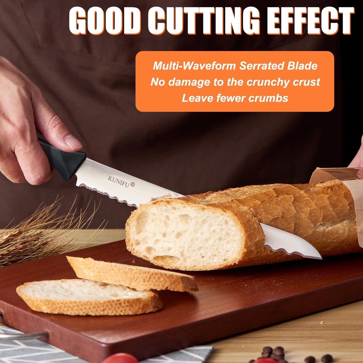 KUNIFU Bread Knife 9 Inch, Serrated Bread Slicing Knife with 5 Serration Types, Ultra Sharp High-Carbon Stainless Steel, Full Tang, Ergonomic Non-Slip Handle for Bread, Bagels, Cakes & Pastries