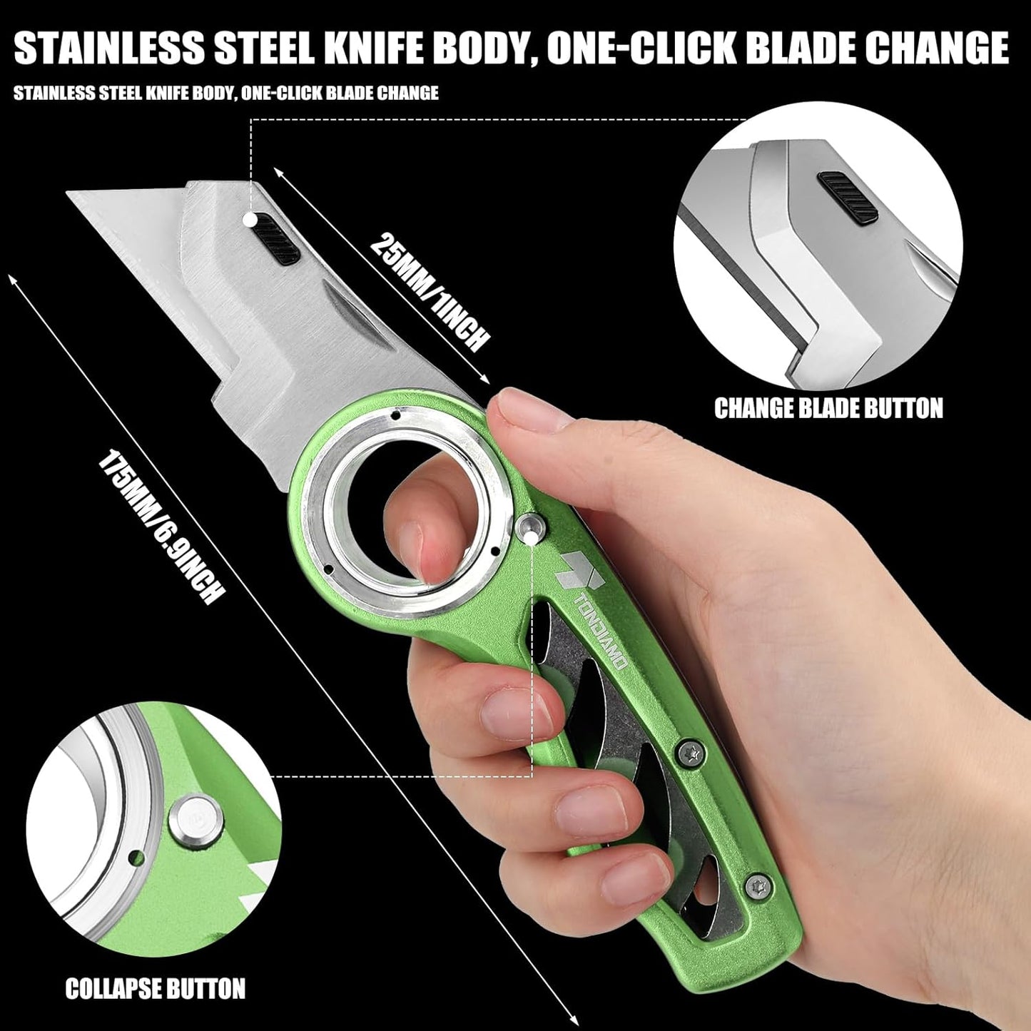 Tondiamo 4 Pcs Folding Pocket Utility Knife Heavy Duty Box Cutter Folding Razor Knife with Anti Slip Finger Loop Easy Change Blades 3 Lock Positions Design (Yellow,Red,Black,Green)