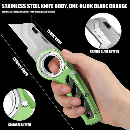 Tondiamo 4 Pcs Folding Pocket Utility Knife Heavy Duty Box Cutter Folding Razor Knife with Anti Slip Finger Loop Easy Change Blades 3 Lock Positions Design (Yellow,Red,Black,Green)