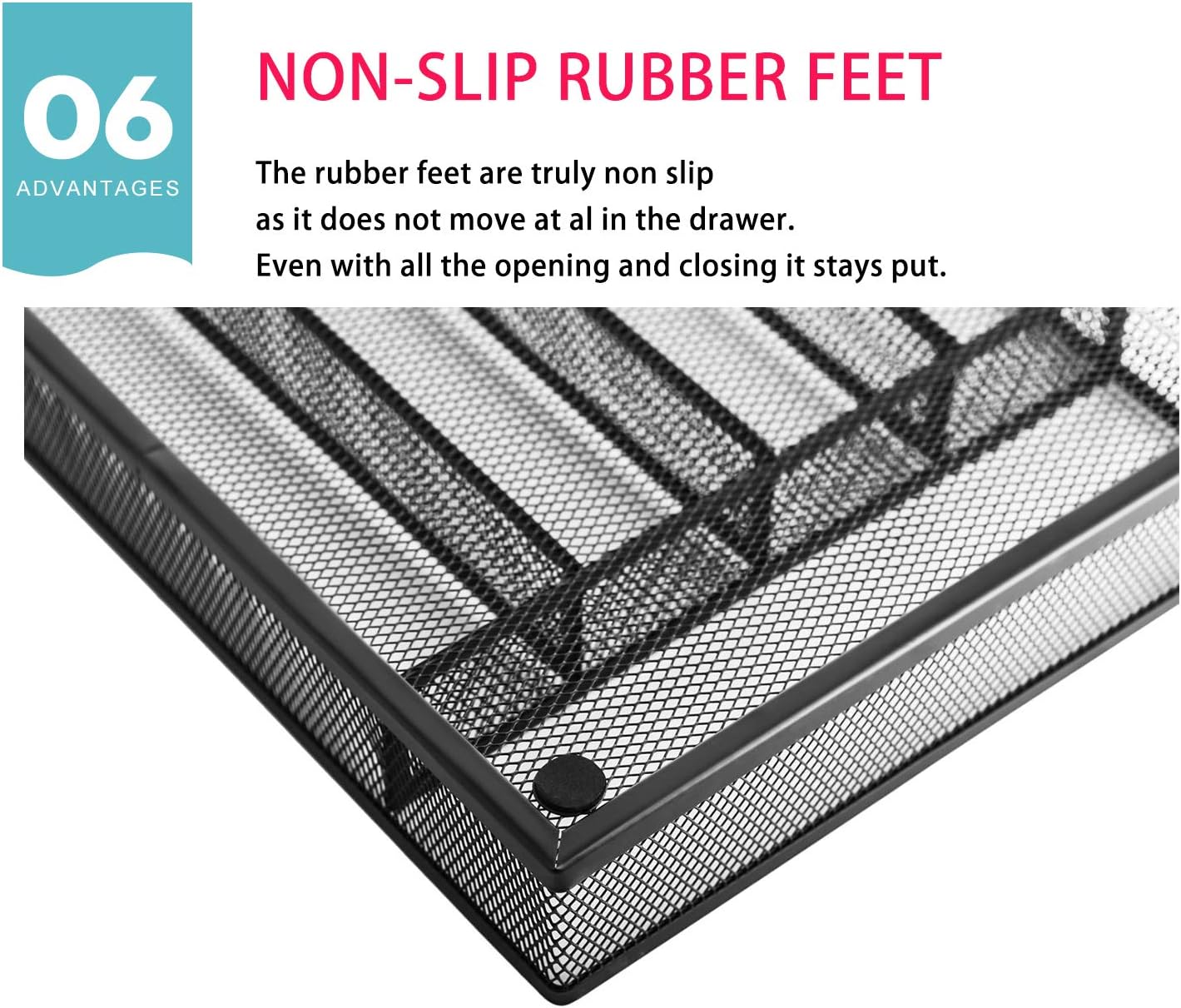 JANE EYRE Drawer Organizer, Cutlery Tray Silverware Flatware Storage Divider for Kitchen, Mesh Wire with Non-slip Foam Feet, 5 Component, Silver