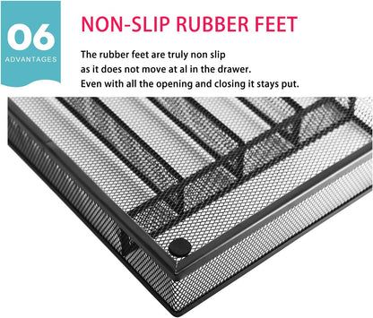 JANE EYRE Drawer Organizer, Cutlery Tray Silverware Flatware Storage Divider for Kitchen, Mesh Wire with Non-slip Foam Feet, 5 Component, Silver