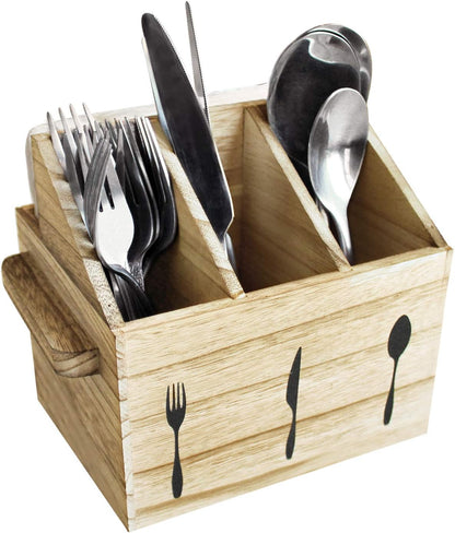 Ikee Design Wooden Utensil Caddy with Handles, Silverware Caddy, Silverware Holder for Countertop,Party,Camping and Kitchen, Organizer, Picnic Cutlery Holders, Black Color
