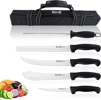 5 PCS Chef Knives with Roll Bag, Kitchen Knife Set, Sharp Stainless Steel Camping Knife for Cutting Meat, Fruits & Vegetables - Black