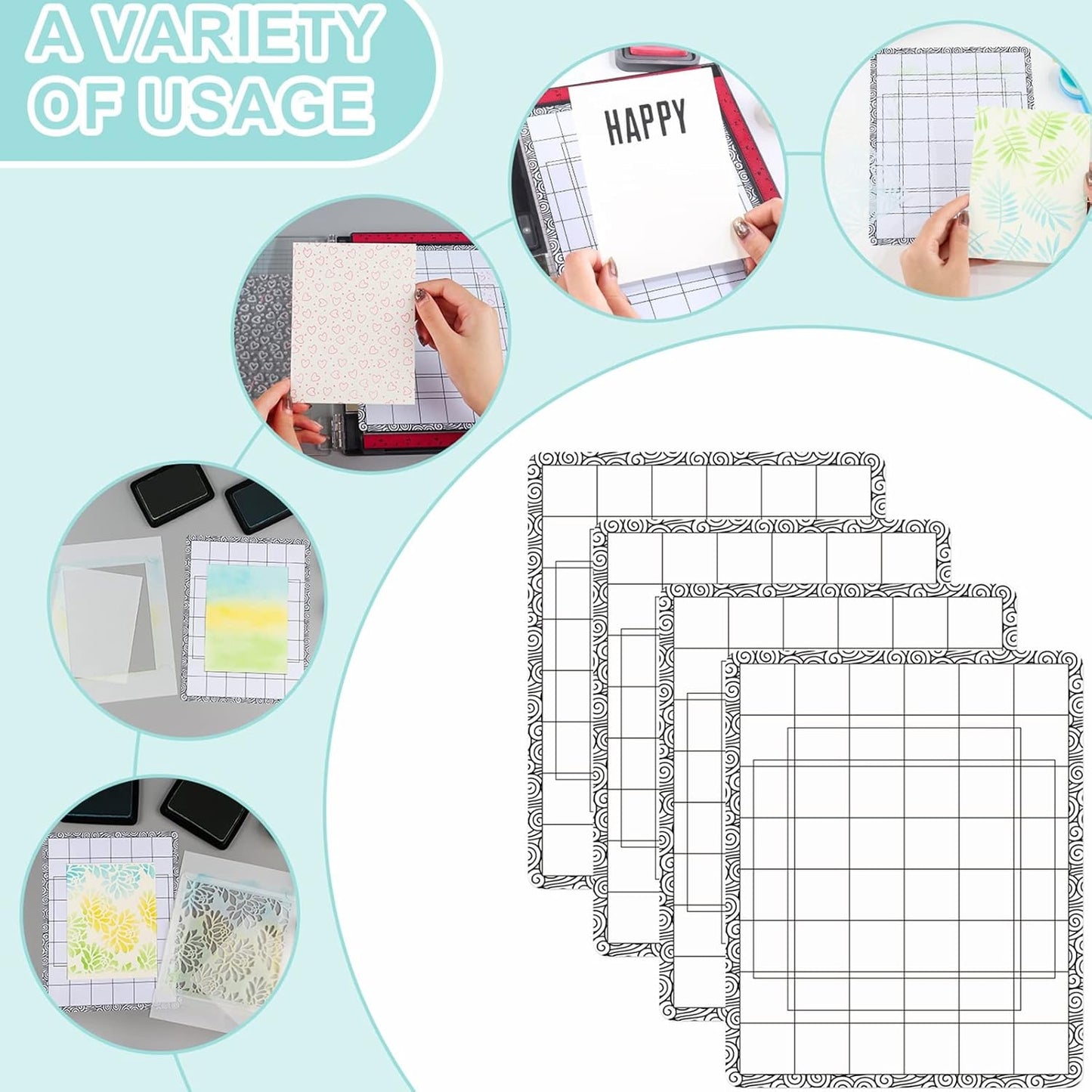 Sticky Non-Slip Flexible Gridded Stamp Mats Grid Sheets 2 PCS Low Stick Mat and 1 Blending Buddy Set,Laser Template with Stuckable Hole,Multi-Use Tack Adhesived Sheet Scrapbooking Craft Accessory