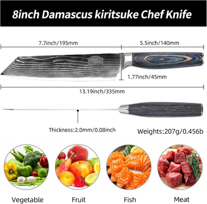 Damascus Kiritsuke Knife, 8-Inch Kiritsuke Chef Knife with 9Cr18MoV Steel Core, Japanese Kitchen Knife with Wood Handle - Razor Sharp Chef's Knife for Home Kitchen with Gift Box