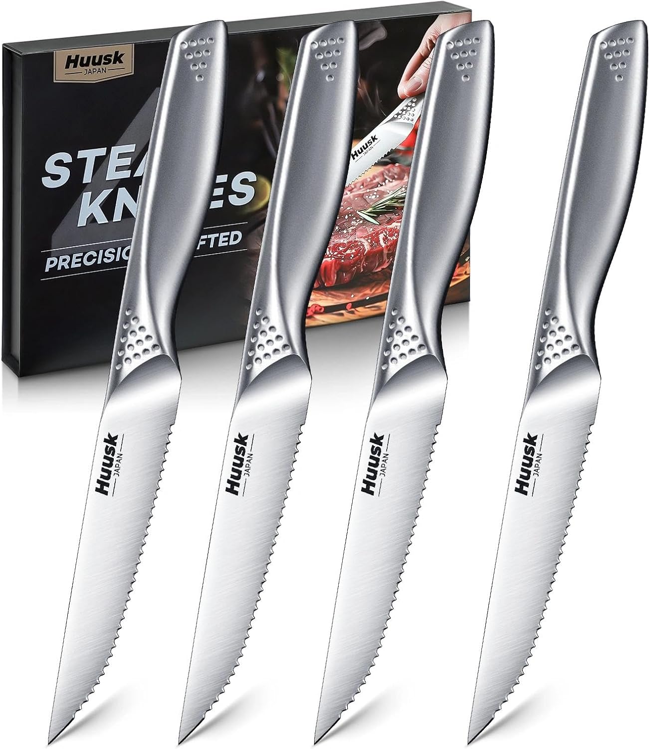 Huusk Steak Knives Set of 6-4.5 Inch Serrated Dinner Knife with Gift Box, One-Piece Stainless Steel Dinnerware Design with Ergonomic Metallic Handle, Silver Stake Knife Set for Culinary BBQ