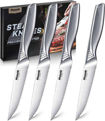 Huusk Steak Knives Set of 6-4.5 Inch Serrated Dinner Knife with Gift Box, One-Piece Stainless Steel Dinnerware Design with Ergonomic Metallic Handle, Silver Stake Knife Set for Culinary BBQ