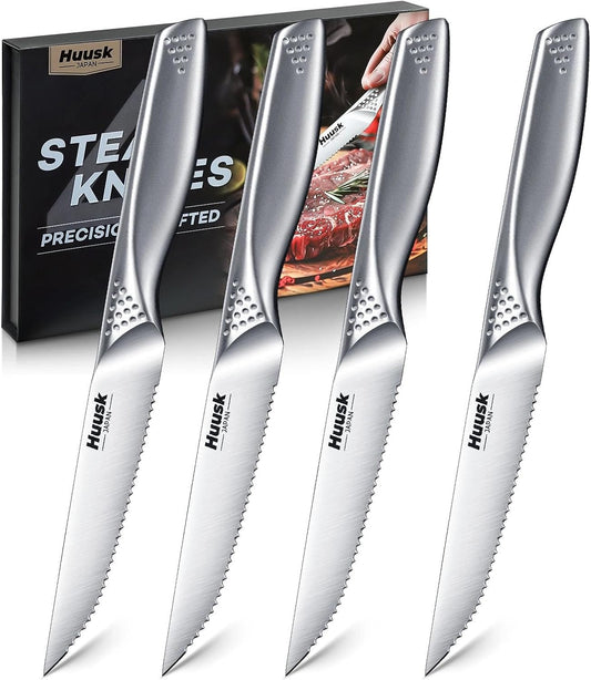 Huusk Steak Knives Set of 6-4.5 Inch Serrated Dinner Knife with Gift Box, One-Piece Stainless Steel Dinnerware Design with Ergonomic Metallic Handle, Silver Stake Knife Set for Culinary BBQ