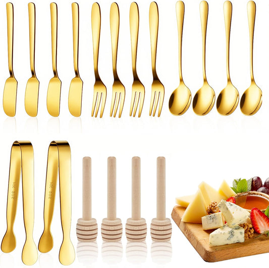Charcuterie Board Accessories, 18 Pcs Silver Stainless Steel Spreader Knives Set Include Mini Serving Tongs, Cheese Butter Knives, Spoons, Forks, Honey Dippers