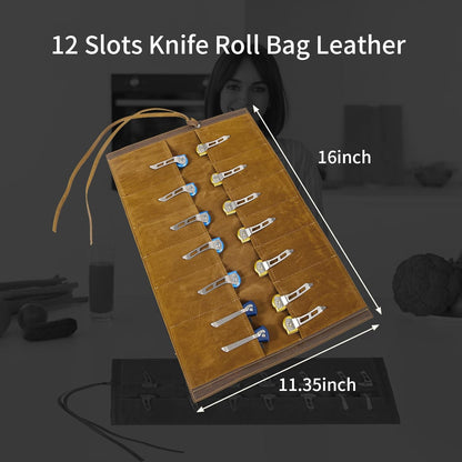 leather Knife Display Bag with 12 Slots Pocket Knives,Folding Knife Holder Organizer,Tactical Outdoor for EDC Mini Knife Bags, leather knife roll Collection Protector Bag