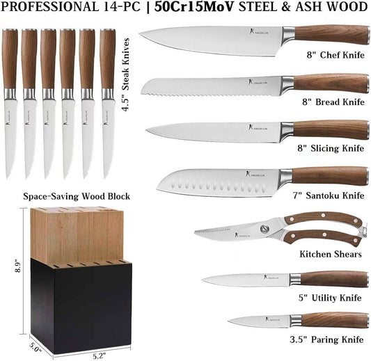 Kangdelun Ultra Sharp 14-Piece Kitchen Knife Set, High Carbon Stainless Steel Blades, Torrefied Natural Wood Handles, Ergonomic Design, Space-Saving White-Finished Wood Block, Easy Hand Wash, Gift Box