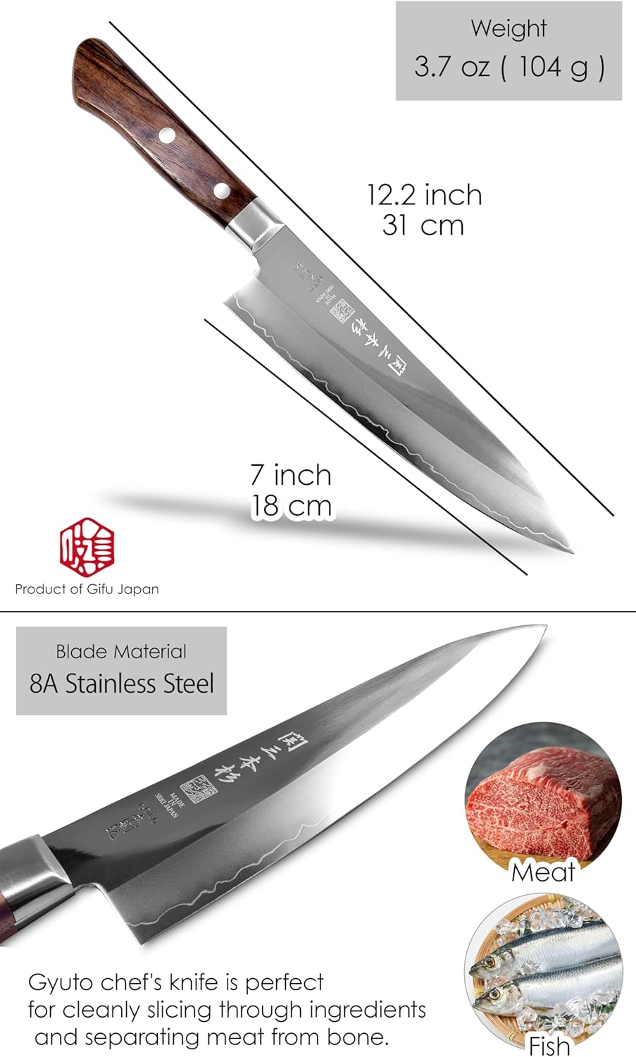 Seki Japan Japanese Seki SANBONSUGI Chef Kitchen Knife, 8A Stainless Steel Gyuto Knife, Rose Wood Handle, 180 mm (7.0 in)